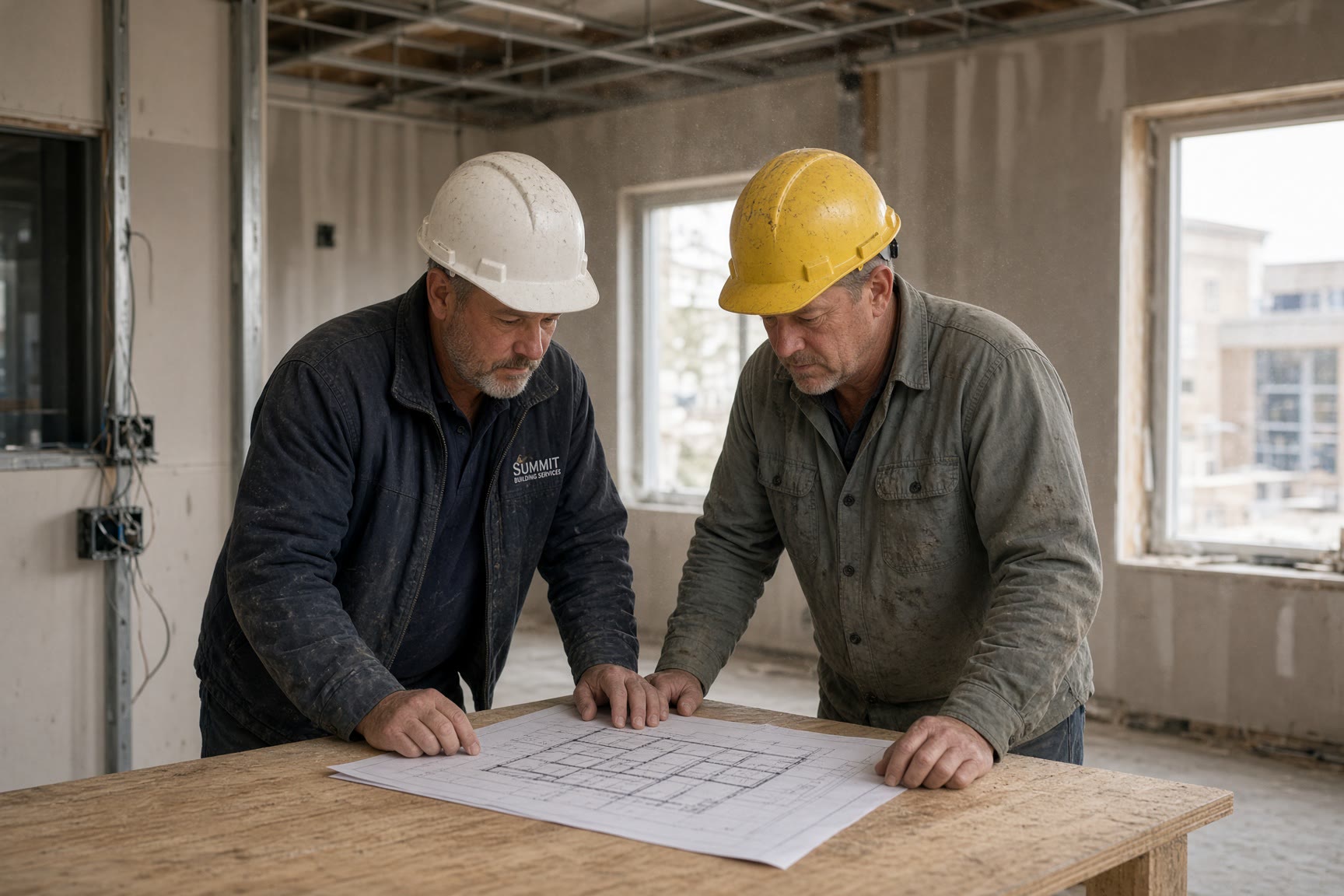 An owner reviewing plans on a small commercial construction site.