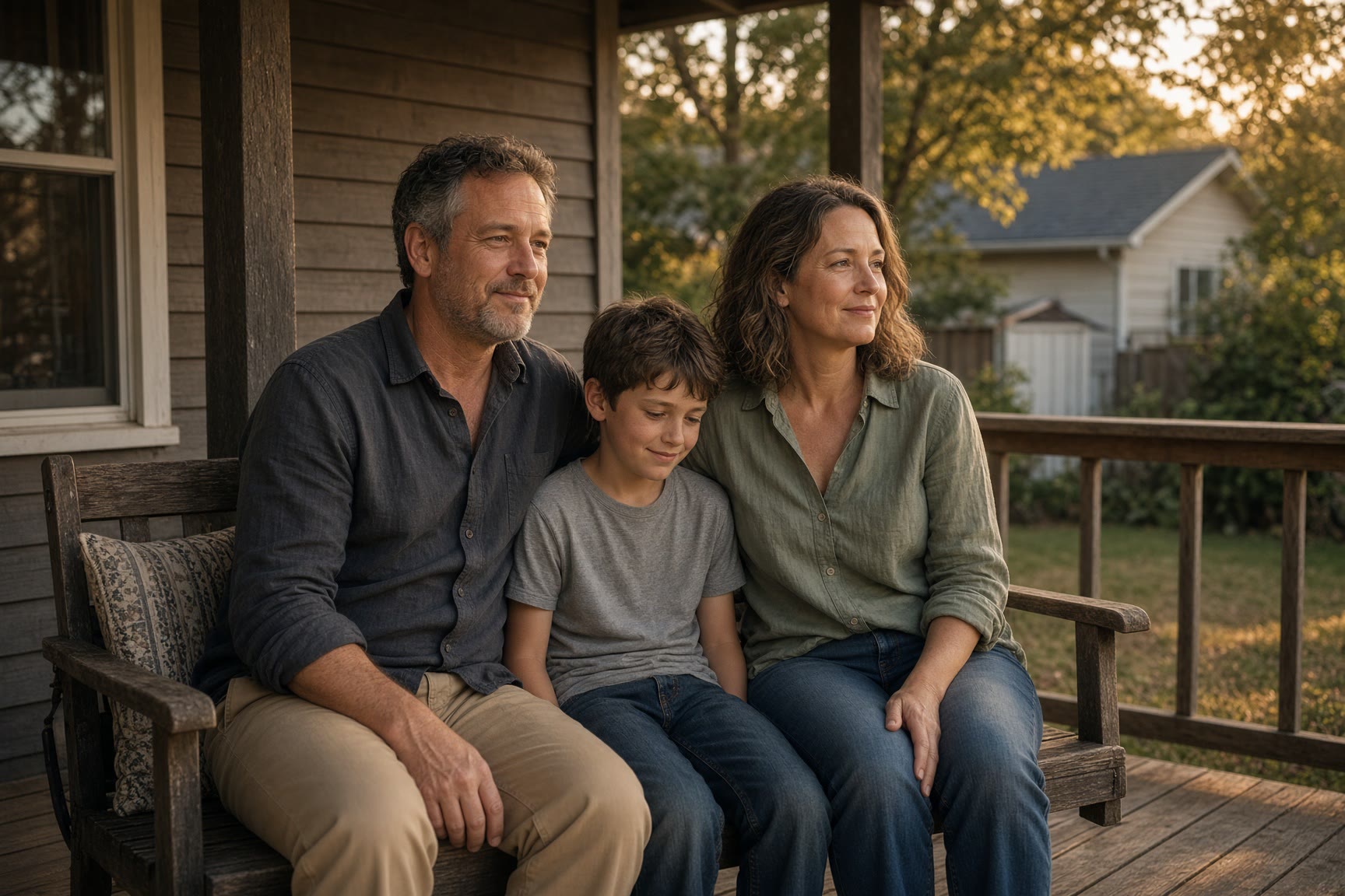 An owner with family on a quiet late-afternoon porch.