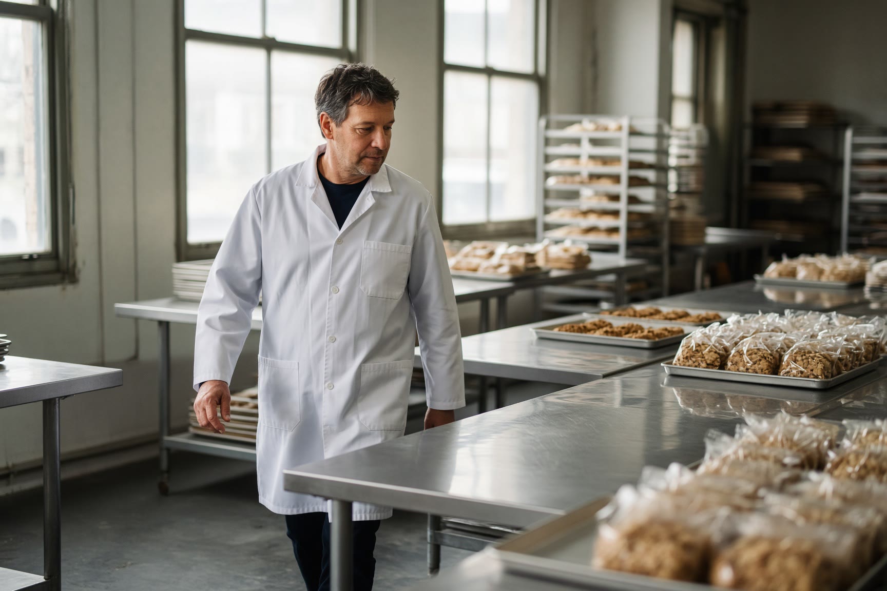 An owner walking the line of a small American food production business.