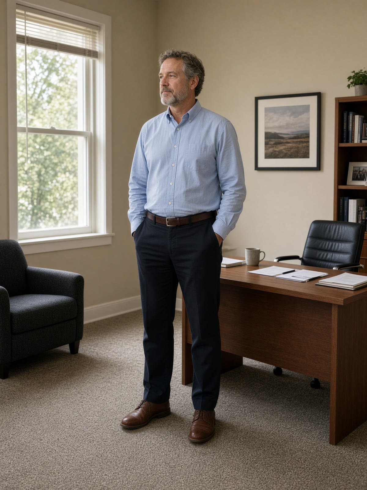 A business owner in a private company office at the end of the day.