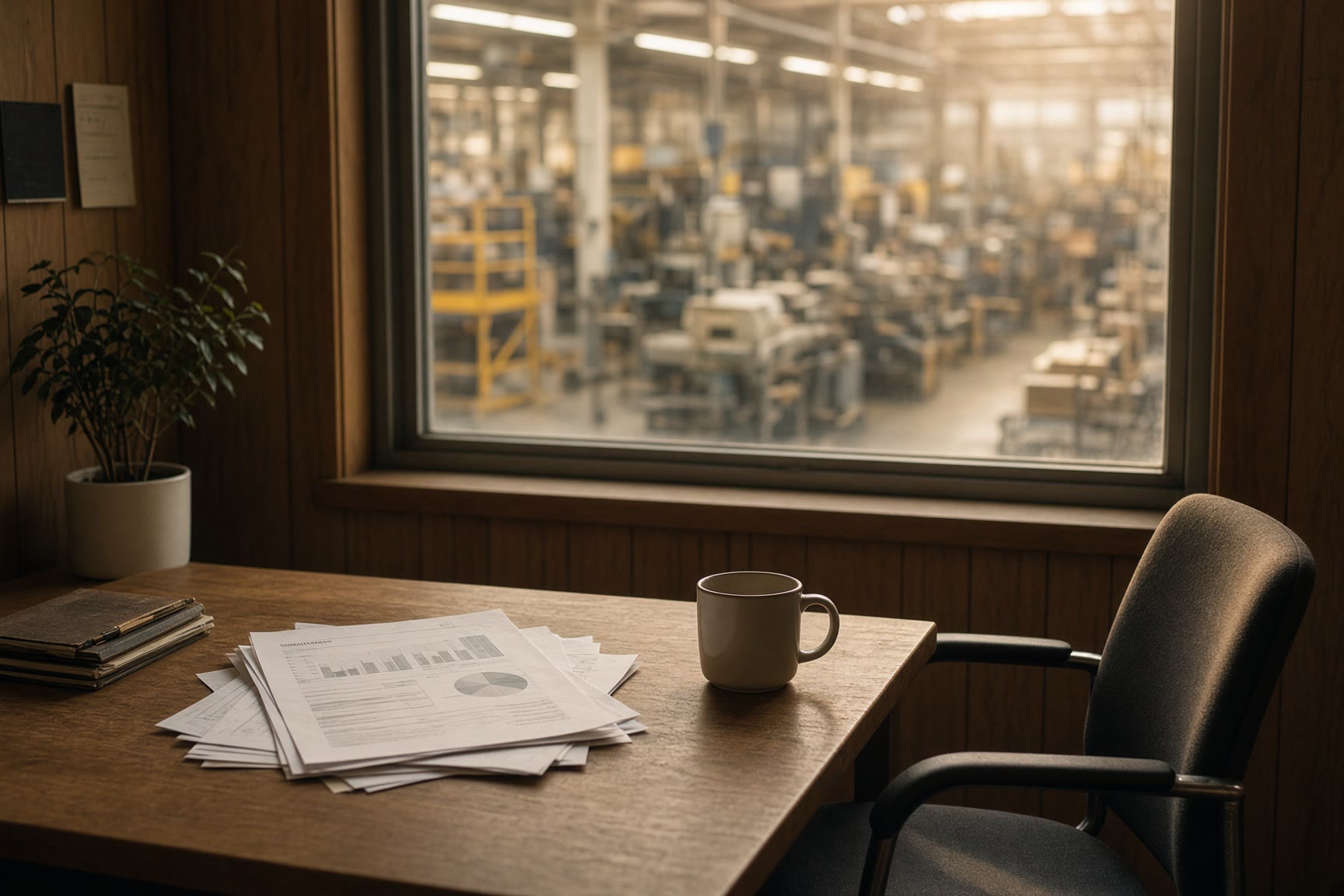 An owner's empty office looking onto a working production floor.