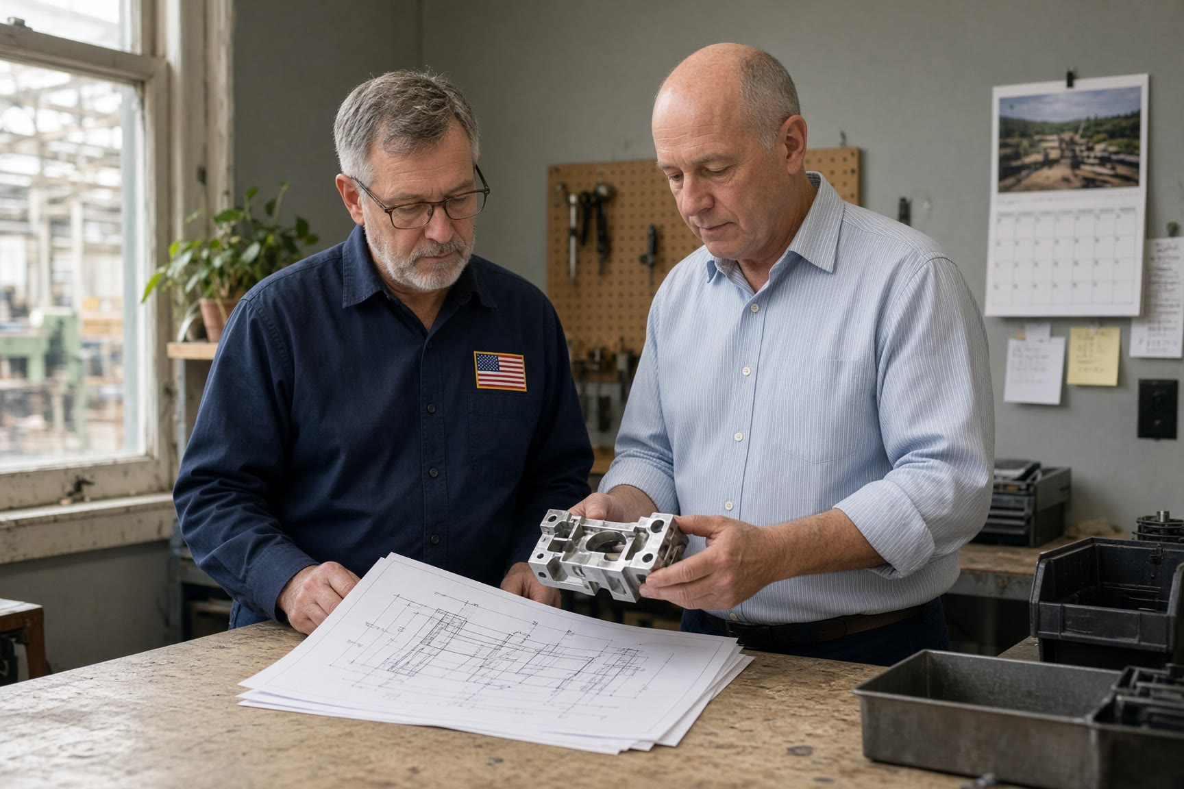 An owner and senior manager reviewing a product sample at a workbench.