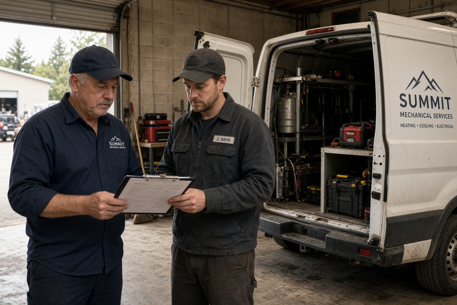 An owner and technician at a service van in a trades company garage.